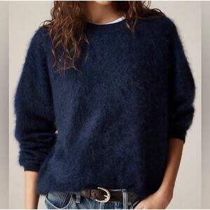 J. CREW NWT Brushed Cashmere Relaxed Crewneck Sweater Sz Medium Navy Blue Fuzzy